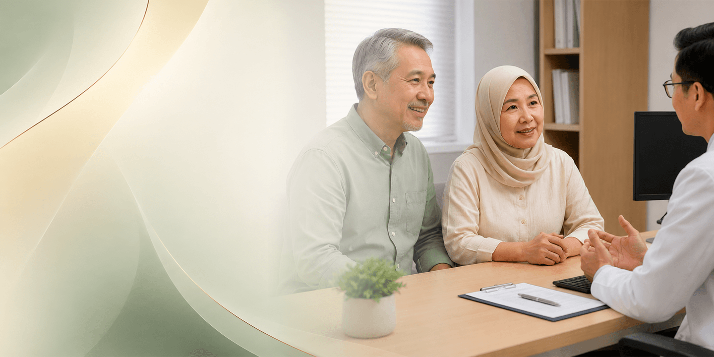 Compassionate senior specialist doctor consulting with family in private hospital suite